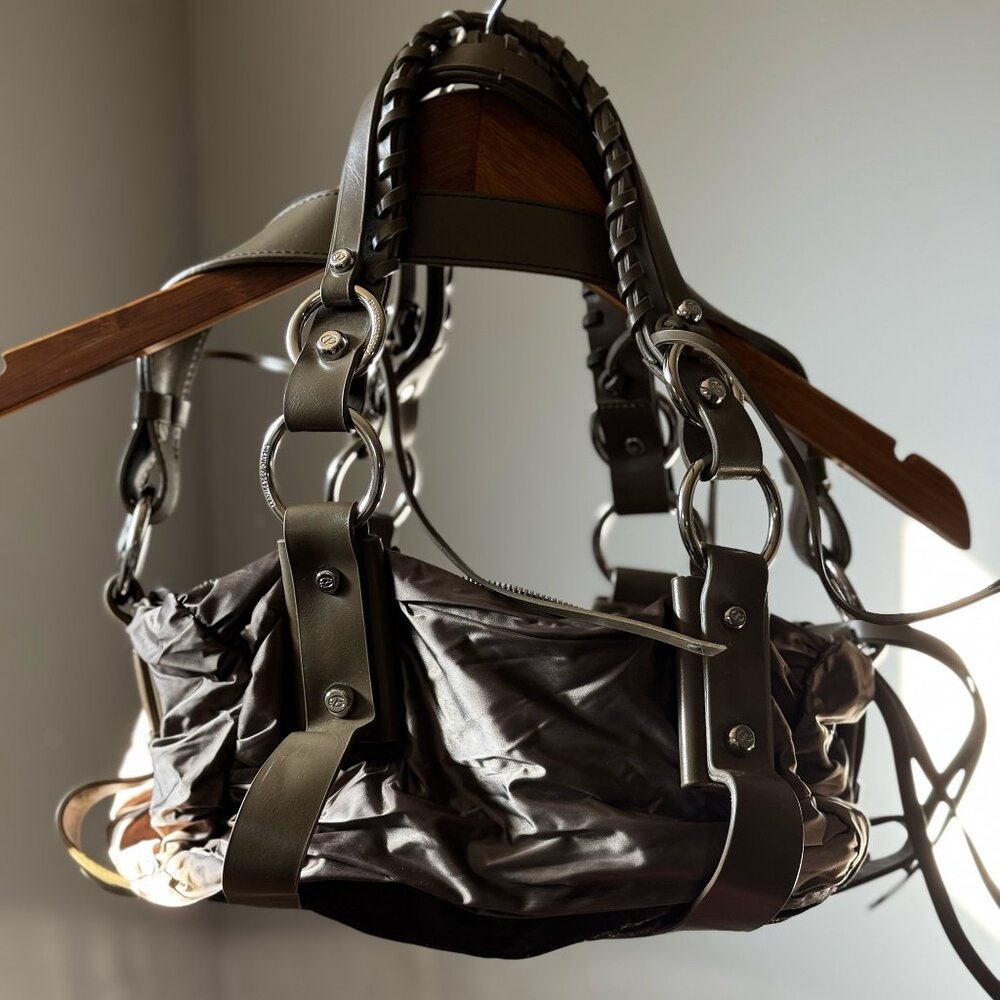 FRANCESCO BIASIA Olive Metallic Nylon Leather Trim Large Satchel Italy